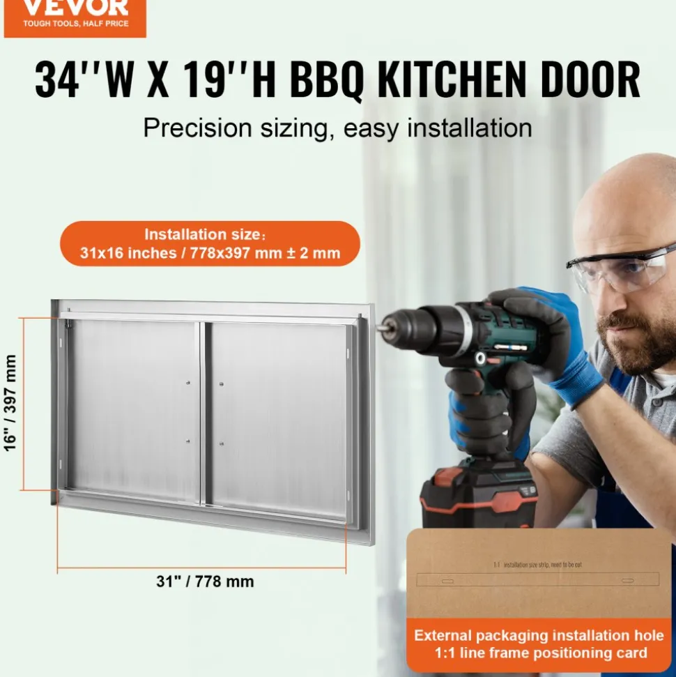 VEVOR BBQ Access Door, 34W x 19H Inch Double Outdoor Kitchen Door, Stainless Steel Flush Mount Door, Wall Vertical Door with Handles, for BBQ Island, Grilling Station, Outside Cabinet