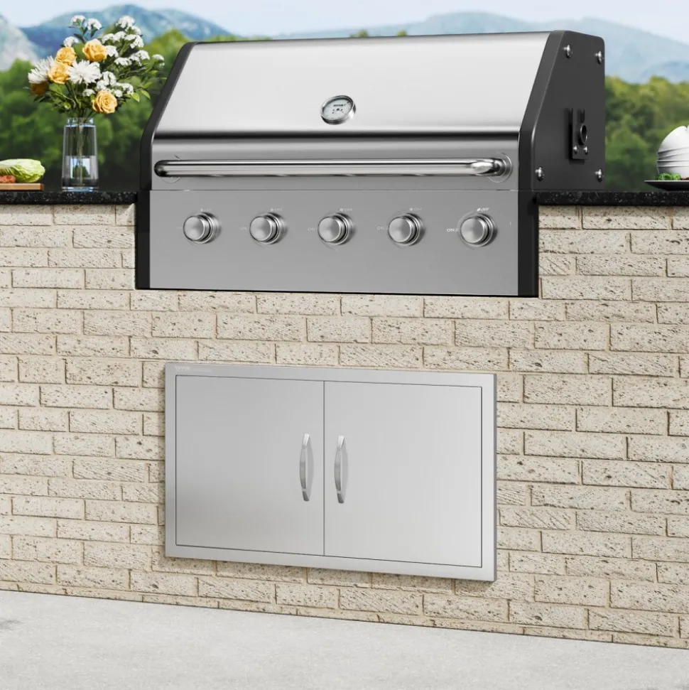 VEVOR BBQ Access Door, 34W x 19H Inch Double Outdoor Kitchen Door, Stainless Steel Flush Mount Door, Wall Vertical Door with Handles, for BBQ Island, Grilling Station, Outside Cabinet