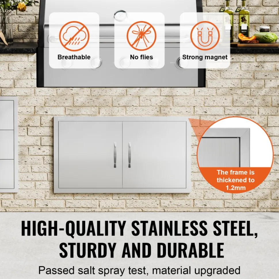 VEVOR BBQ Access Door, 34W x 19H Inch Double Outdoor Kitchen Door, Stainless Steel Flush Mount Door, Wall Vertical Door with Handles, for BBQ Island, Grilling Station, Outside Cabinet