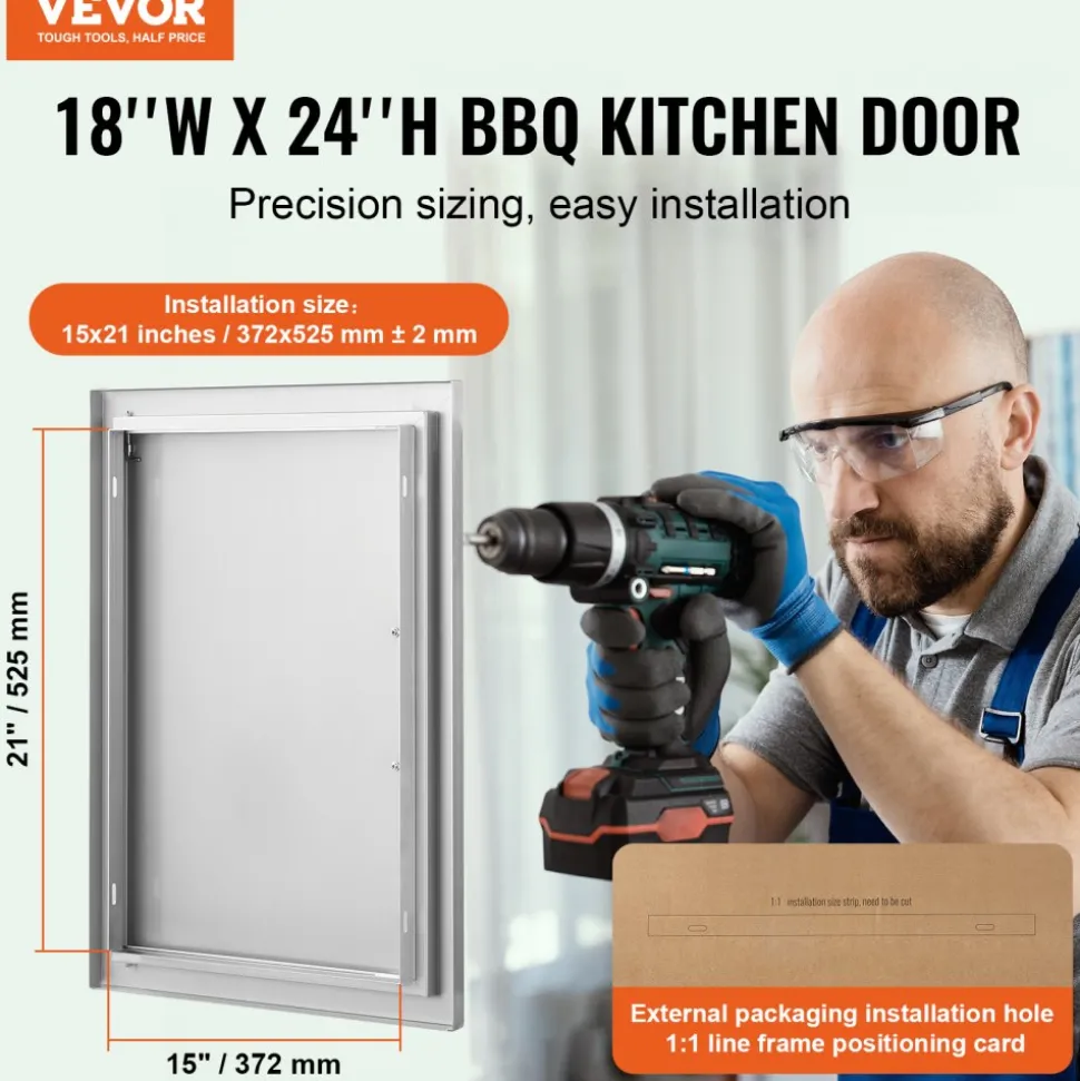 VEVOR BBQ Access Door, 18W x 24H Inch Single Outdoor Kitchen Door, Stainless Steel Flush Mount Door, Wall Vertical Door with Handle, for BBQ Island, Grilling Station, Outside Cabinet