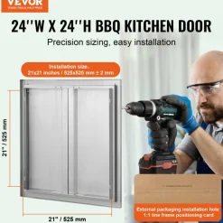 VEVOR BBQ Access Door, 24W x 24H Inch Double Outdoor Kitchen Door, Stainless Steel Flush Mount Door, Wall Vertical Door with Recessed Handles , for BBQ Island, Grilling Station, Outside Cabinet