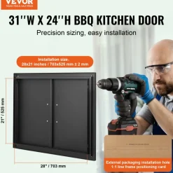 VEVOR BBQ Access Door, 31W x 24H Inch Double Outdoor Kitchen Door, Cold Plate Flush Mount Door, Wall Vertical Door with Handles, for BBQ Island, Grilling Station, Outside Cabinet(Stainless Steel + Oil-Sprayed Product)