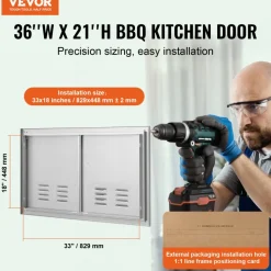 VEVOR BBQ Access Door, 36W x 21H Inch Double Outdoor Kitchen Door, Stainless Steel Flush Mount Door, Wall Vertical Door with Handles and Vents, for BBQ Island, Grilling Station, Outside Cabinet