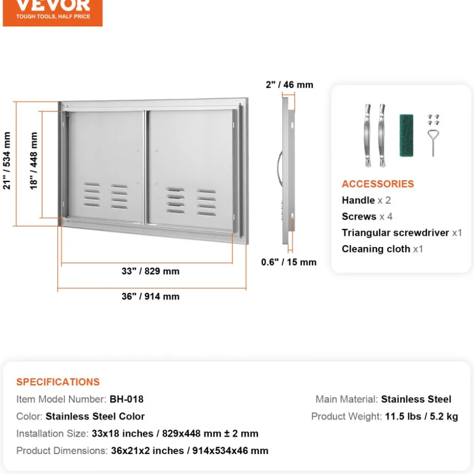 VEVOR BBQ Access Door, 36W x 21H Inch Double Outdoor Kitchen Door, Stainless Steel Flush Mount Door, Wall Vertical Door with Handles and Vents, for BBQ Island, Grilling Station, Outside Cabinet