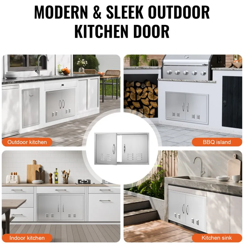 VEVOR BBQ Access Door, 36W x 21H Inch Double Outdoor Kitchen Door, Stainless Steel Flush Mount Door, Wall Vertical Door with Handles and Vents, for BBQ Island, Grilling Station, Outside Cabinet