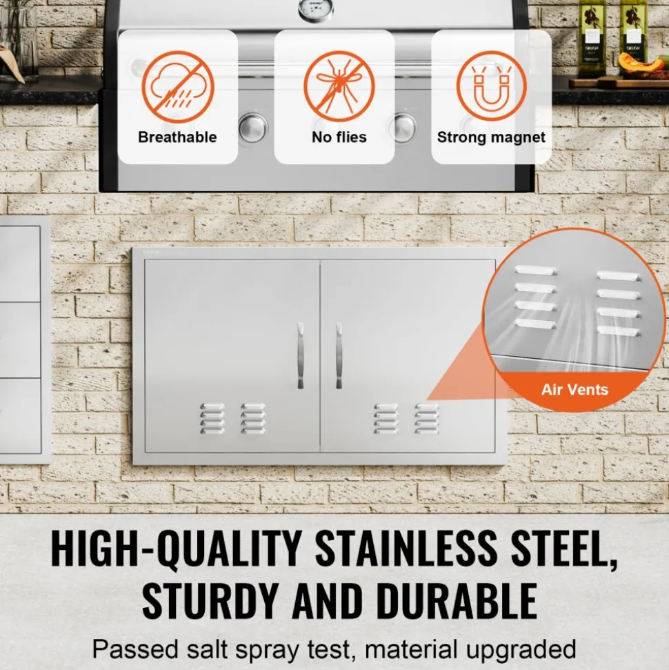 VEVOR BBQ Access Door, 36W x 21H Inch Double Outdoor Kitchen Door, Stainless Steel Flush Mount Door, Wall Vertical Door with Handles and Vents, for BBQ Island, Grilling Station, Outside Cabinet
