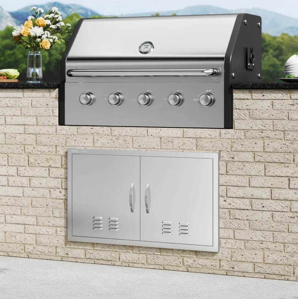VEVOR BBQ Access Door, 36W x 21H Inch Double Outdoor Kitchen Door, Stainless Steel Flush Mount Door, Wall Vertical Door with Handles and Vents, for BBQ Island, Grilling Station, Outside Cabinet