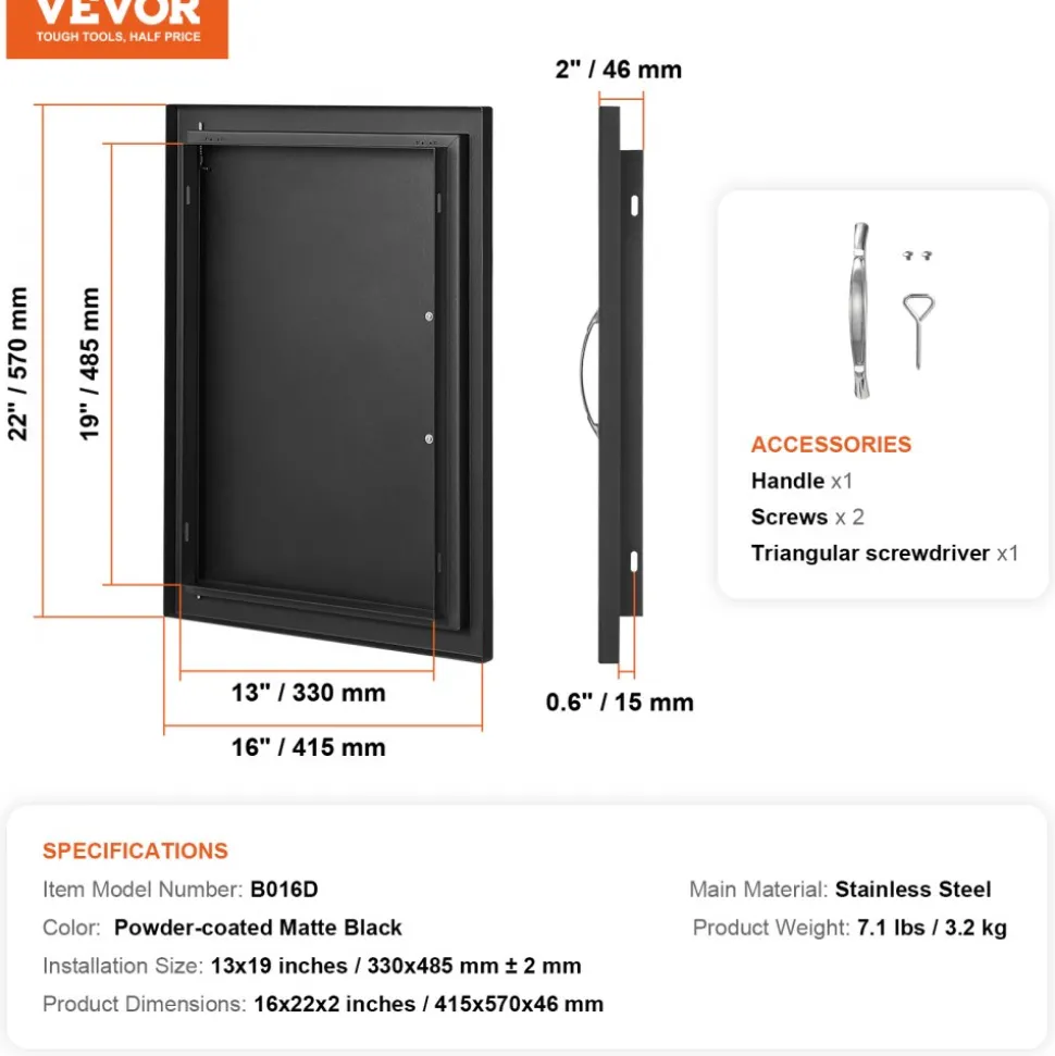 VEVOR BBQ Access Door, 16W x 22H Inch Single Outdoor Kitchen Door, Cold Plate Flush Mount Door, Wall Vertical Door with Handle, for BBQ Island, Grilling Station, Outside Cabinet