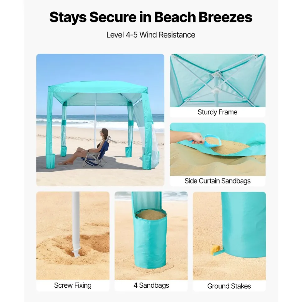 VEVOR Beach Cabana, 8 x 8 ft Beach Canopy with Side Wall, UPF 50+ Protection Easy Setup Cabana Tent with Sand Pockets, Adjustable Height Portable Shade Sun Shelter Umbrella for Family & Friends, Green