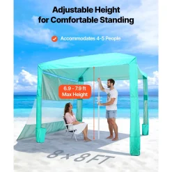 VEVOR Beach Cabana, 8 x 8 ft Beach Canopy with Side Wall, UPF 50+ Protection Easy Setup Cabana Tent with Sand Pockets, Adjustable Height Portable Shade Sun Shelter Umbrella for Family & Friends, Green