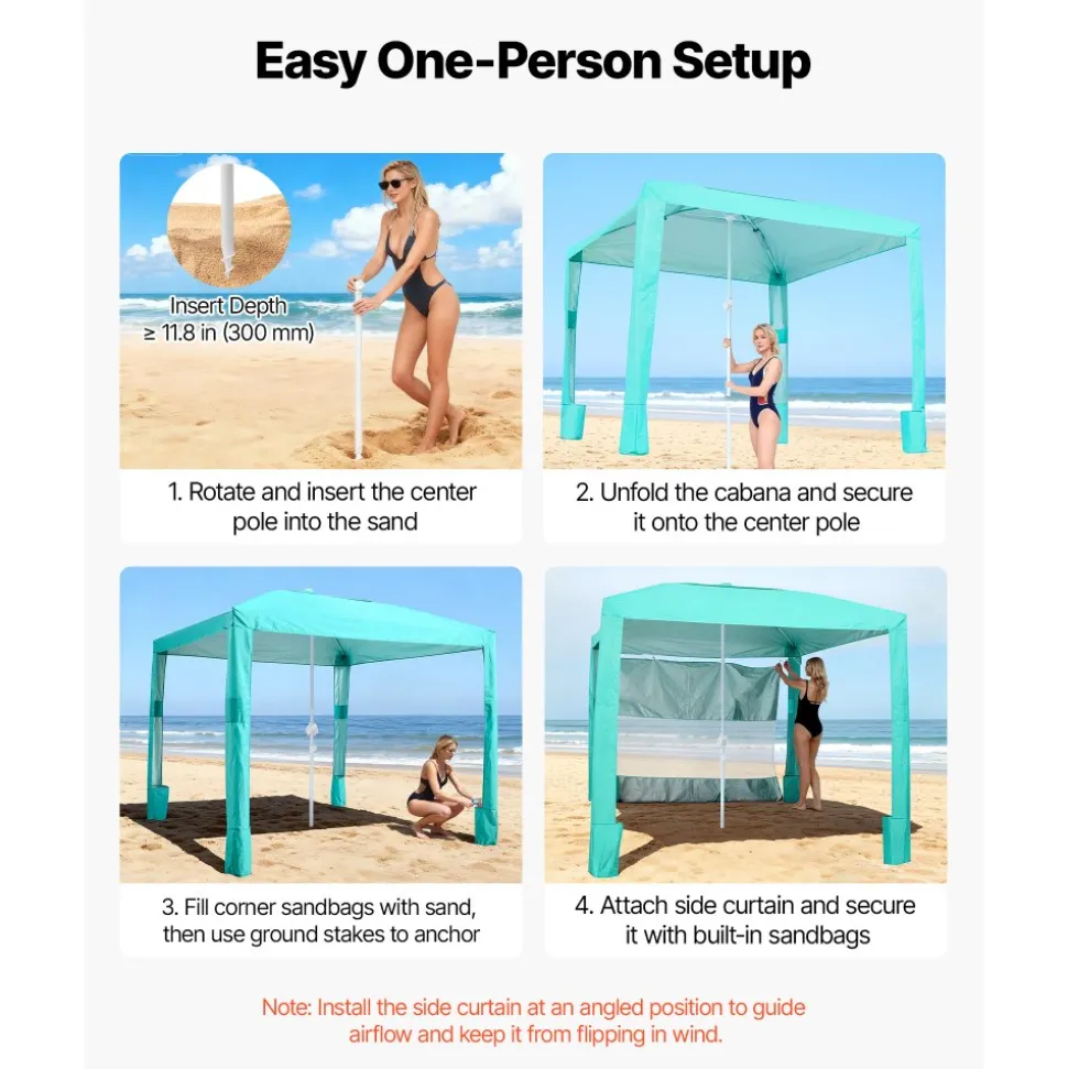 VEVOR Beach Cabana, 8 x 8 ft Beach Canopy with Side Wall, UPF 50+ Protection Easy Setup Cabana Tent with Sand Pockets, Adjustable Height Portable Shade Sun Shelter Umbrella for Family & Friends, Green
