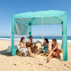 VEVOR Beach Cabana, 8 x 8 ft Beach Canopy with Side Wall, UPF 50+ Protection Easy Setup Cabana Tent with Sand Pockets, Adjustable Height Portable Shade Sun Shelter Umbrella for Family & Friends, Green