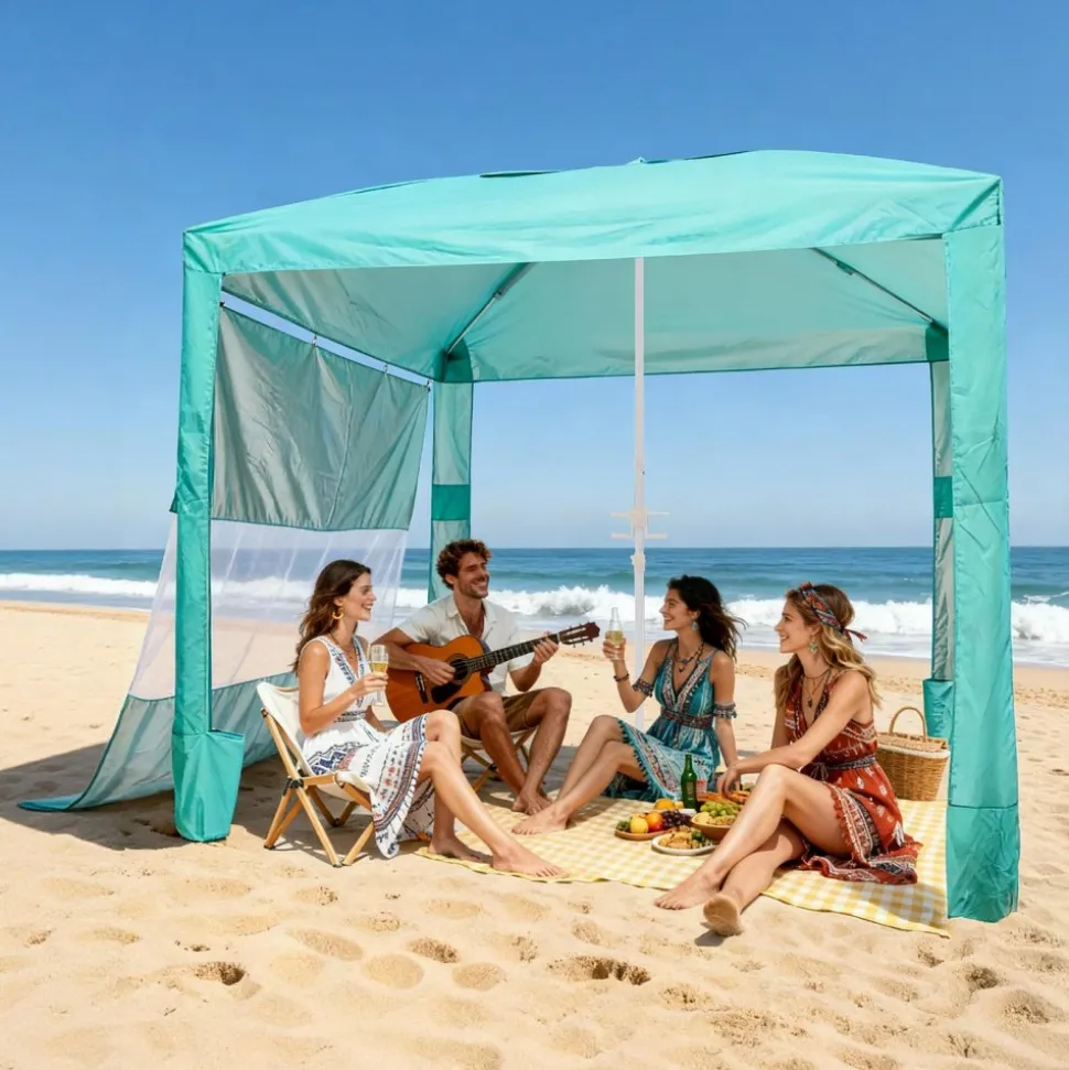 VEVOR Beach Cabana, 8 x 8 ft Beach Canopy with Side Wall, UPF 50+ Protection Easy Setup Cabana Tent with Sand Pockets, Adjustable Height Portable Shade Sun Shelter Umbrella for Family & Friends, Green