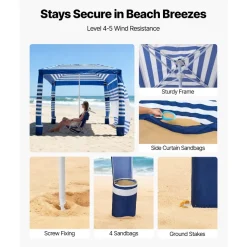 VEVOR Beach Cabana, 8 x 8 ft Beach Canopy with Side Wall, UPF 50+ Protection Easy Setup Cabana Tent with Sand Pockets, Adjustable Height Portable Shade Sun Shelter Umbrella for Family, Navy Stripes