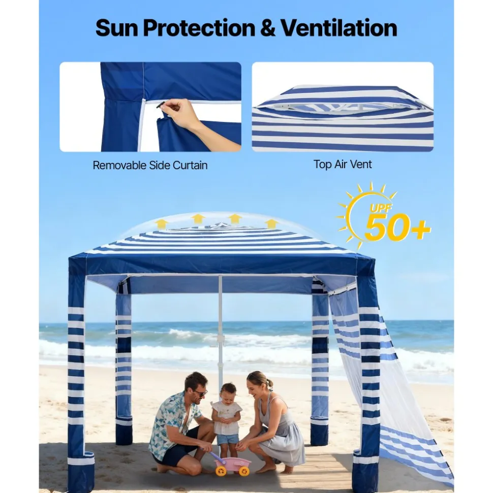 VEVOR Beach Cabana, 8 x 8 ft Beach Canopy with Side Wall, UPF 50+ Protection Easy Setup Cabana Tent with Sand Pockets, Adjustable Height Portable Shade Sun Shelter Umbrella for Family, Navy Stripes
