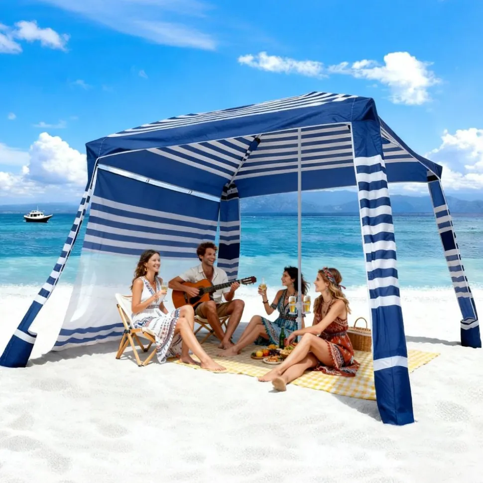 VEVOR Beach Cabana, 8 x 8 ft Beach Canopy with Side Wall, UPF 50+ Protection Easy Setup Cabana Tent with Sand Pockets, Adjustable Height Portable Shade Sun Shelter Umbrella for Family, Navy Stripes
