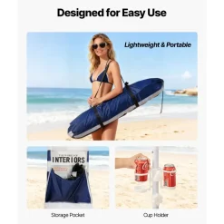 VEVOR Beach Cabana, 8 x 8 ft Beach Canopy with Side Wall, UPF 50+ Protection Easy Setup Cabana Tent with Sand Pockets, Adjustable Height Portable Shade Sun Shelter Umbrella for Family, Navy Stripes