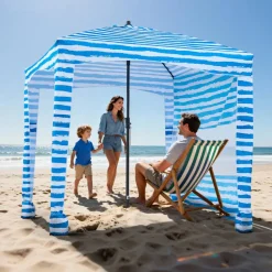 VEVOR Beach Cabana, 6 x 6 ft Beach Canopy with Side Wall, UPF 50+ Protection Easy Setup Cabana Tent with Sand Pockets, Portable Shade Sun Shelter Umbrella for Whole Family & Friends, Blue Stripes