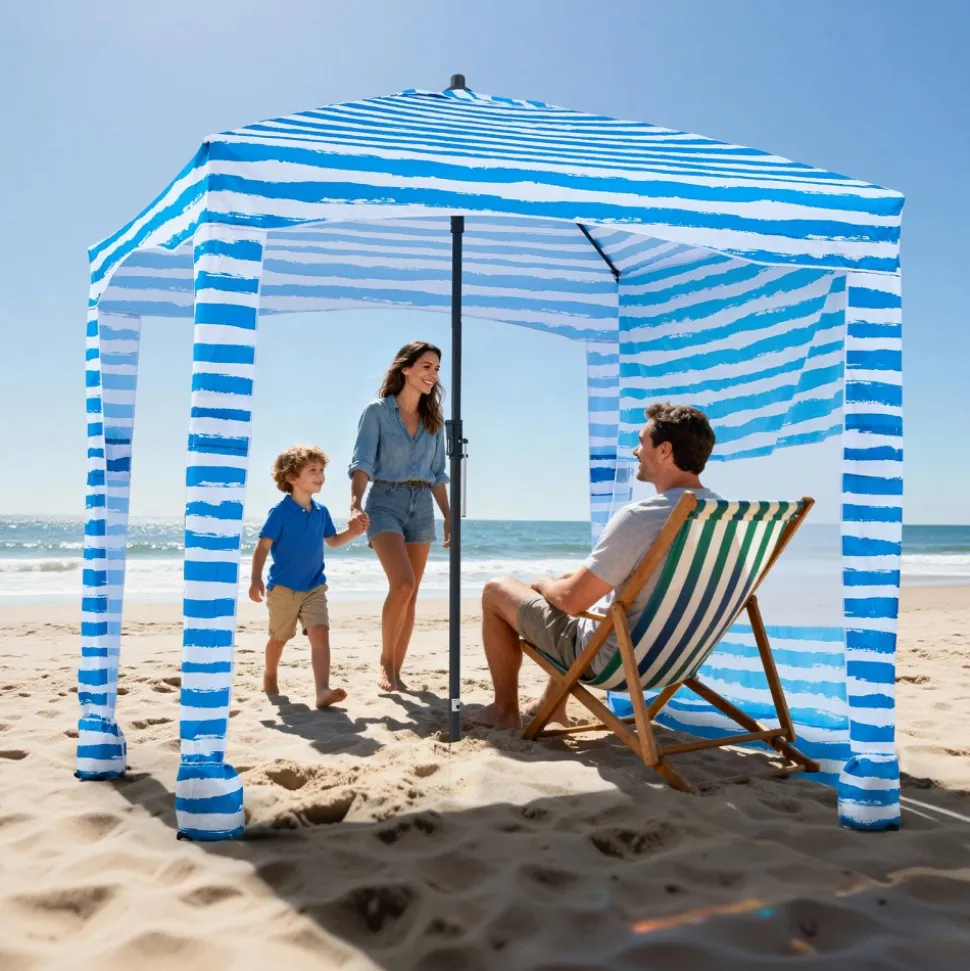 VEVOR Beach Cabana, 6 x 6 ft Beach Canopy with Side Wall, UPF 50+ Protection Easy Setup Cabana Tent with Sand Pockets, Portable Shade Sun Shelter Umbrella for Whole Family & Friends, Blue Stripes