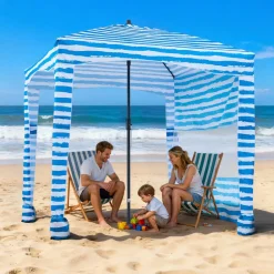 VEVOR Beach Cabana, 6 x 6 ft Beach Canopy with Side Wall, UPF 50+ Protection Easy Setup Cabana Tent with Sand Pockets, Portable Shade Sun Shelter Umbrella for Whole Family & Friends, Blue Stripes