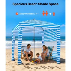 VEVOR Beach Cabana, 6 x 6 ft Beach Canopy with Side Wall, UPF 50+ Protection Easy Setup Cabana Tent with Sand Pockets, Portable Shade Sun Shelter Umbrella for Whole Family & Friends, Blue Stripes