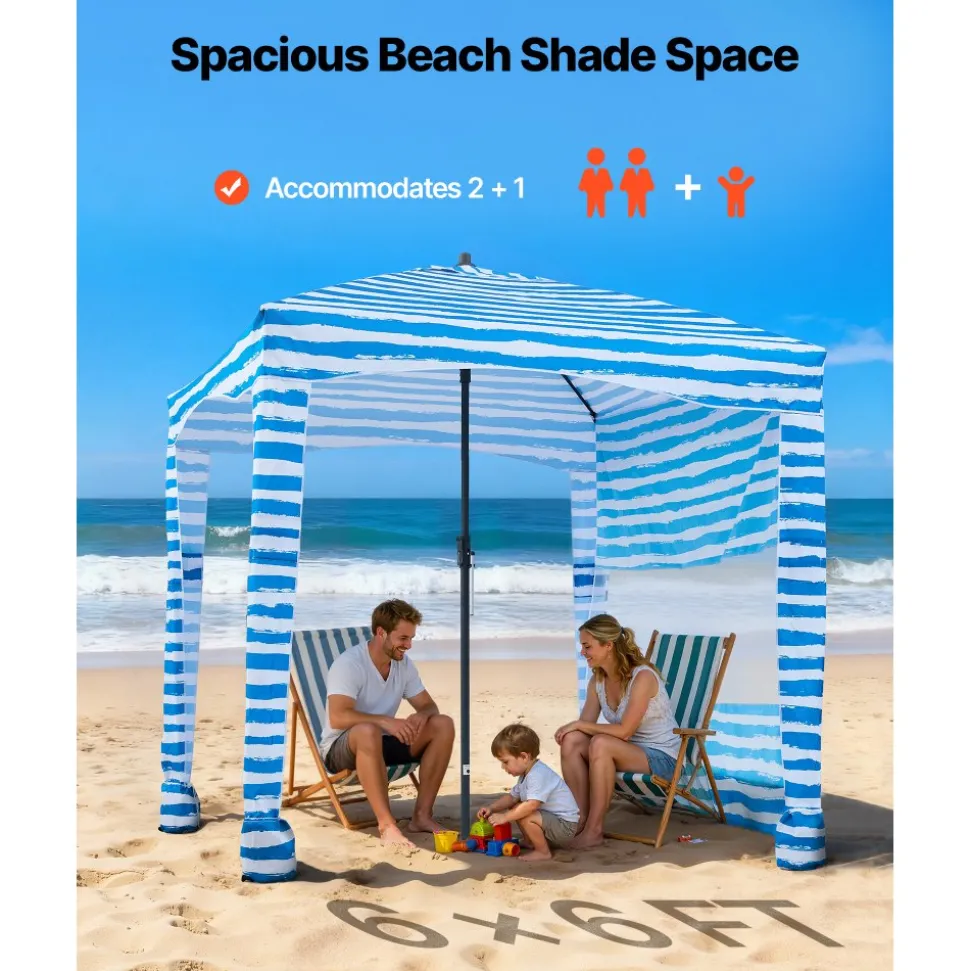 VEVOR Beach Cabana, 6 x 6 ft Beach Canopy with Side Wall, UPF 50+ Protection Easy Setup Cabana Tent with Sand Pockets, Portable Shade Sun Shelter Umbrella for Whole Family & Friends, Blue Stripes