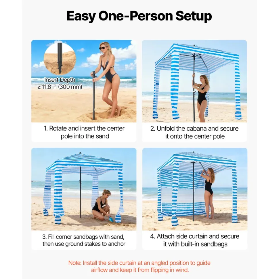VEVOR Beach Cabana, 6 x 6 ft Beach Canopy with Side Wall, UPF 50+ Protection Easy Setup Cabana Tent with Sand Pockets, Portable Shade Sun Shelter Umbrella for Whole Family & Friends, Blue Stripes