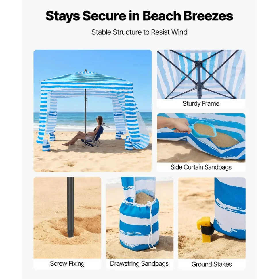 VEVOR Beach Cabana, 6 x 6 ft Beach Canopy with Side Wall, UPF 50+ Protection Easy Setup Cabana Tent with Sand Pockets, Portable Shade Sun Shelter Umbrella for Whole Family & Friends, Blue Stripes