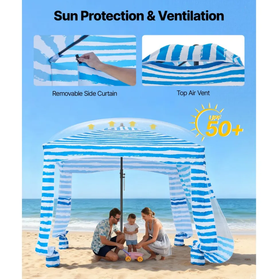 VEVOR Beach Cabana, 6 x 6 ft Beach Canopy with Side Wall, UPF 50+ Protection Easy Setup Cabana Tent with Sand Pockets, Portable Shade Sun Shelter Umbrella for Whole Family & Friends, Blue Stripes