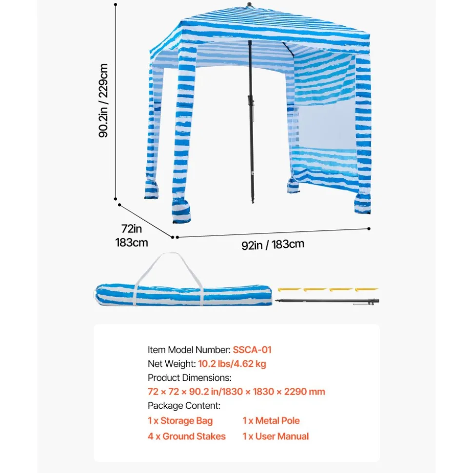 VEVOR Beach Cabana, 6 x 6 ft Beach Canopy with Side Wall, UPF 50+ Protection Easy Setup Cabana Tent with Sand Pockets, Portable Shade Sun Shelter Umbrella for Whole Family & Friends, Blue Stripes
