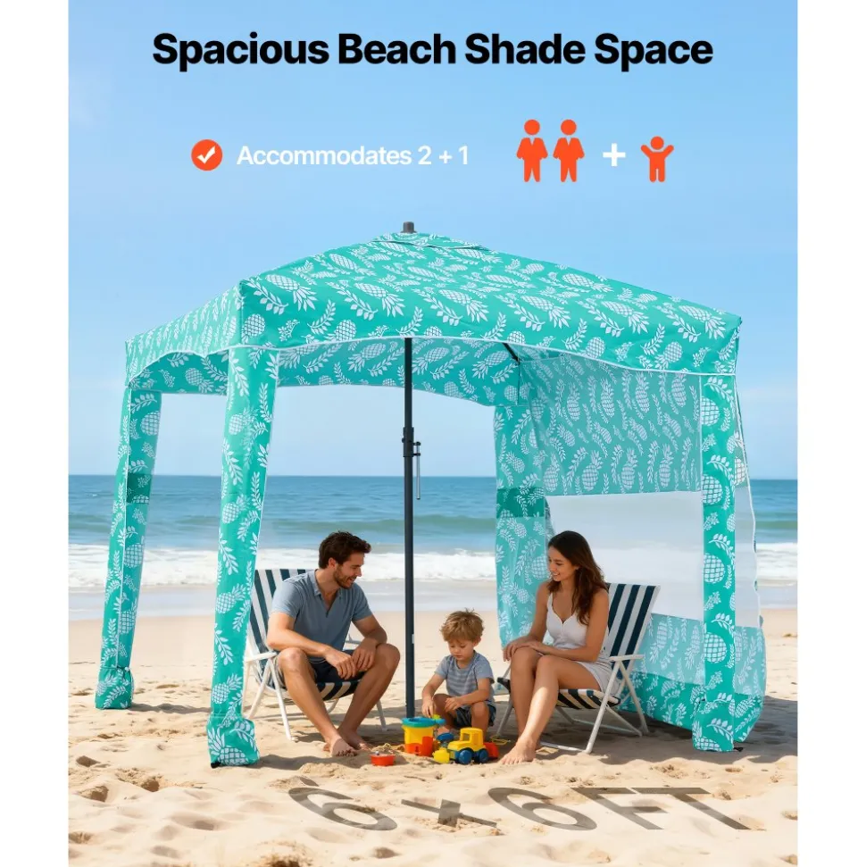VEVOR Beach Cabana, 6 x 6 ft Beach Canopy with Side Wall, UPF 50+ Protection Easy Setup Cabana Tent with Sand Pockets, Large Portable Shade Sun Shelter, Outdoor Umbrella for Whole Family & Friends