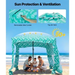 VEVOR Beach Cabana, 6 x 6 ft Beach Canopy with Side Wall, UPF 50+ Protection Easy Setup Cabana Tent with Sand Pockets, Large Portable Shade Sun Shelter, Outdoor Umbrella for Whole Family & Friends