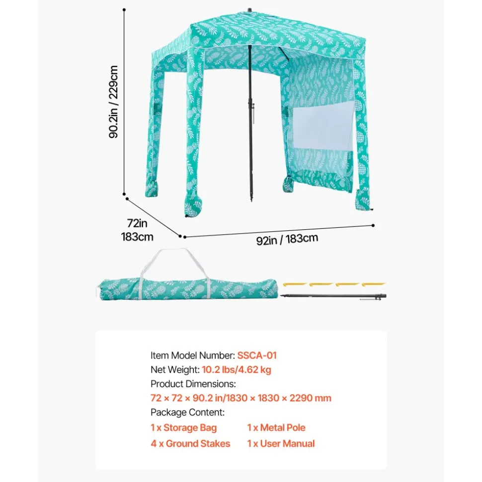 VEVOR Beach Cabana, 6 x 6 ft Beach Canopy with Side Wall, UPF 50+ Protection Easy Setup Cabana Tent with Sand Pockets, Large Portable Shade Sun Shelter, Outdoor Umbrella for Whole Family & Friends