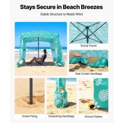 VEVOR Beach Cabana, 6 x 6 ft Beach Canopy with Side Wall, UPF 50+ Protection Easy Setup Cabana Tent with Sand Pockets, Large Portable Shade Sun Shelter, Outdoor Umbrella for Whole Family & Friends