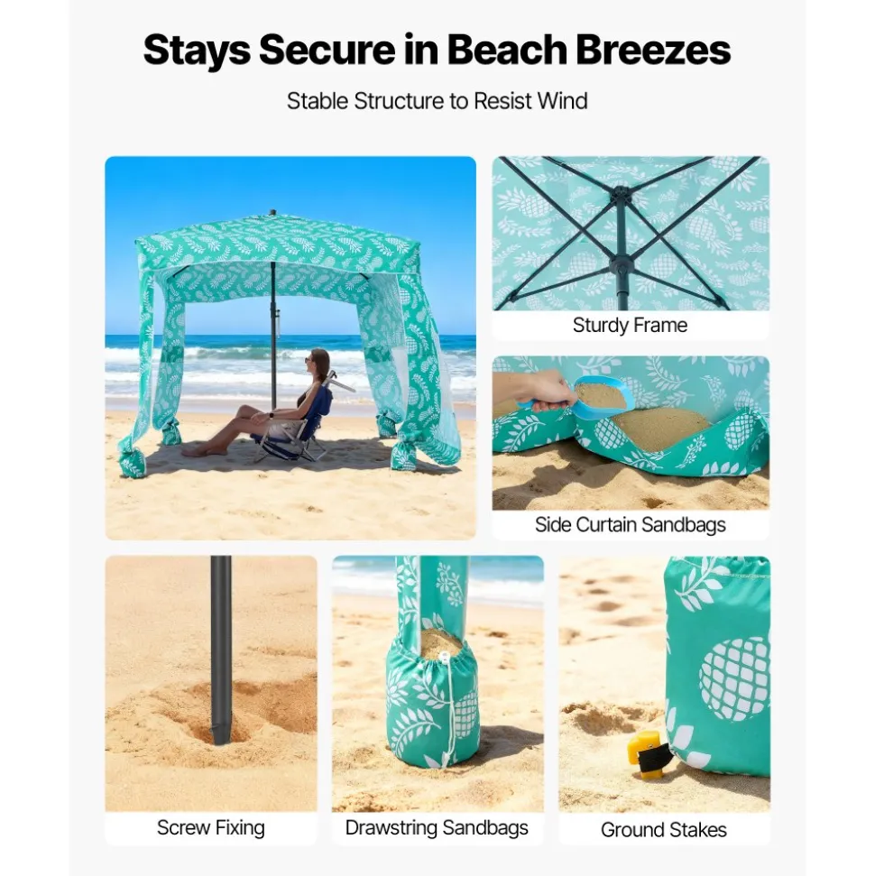 VEVOR Beach Cabana, 6 x 6 ft Beach Canopy with Side Wall, UPF 50+ Protection Easy Setup Cabana Tent with Sand Pockets, Large Portable Shade Sun Shelter, Outdoor Umbrella for Whole Family & Friends