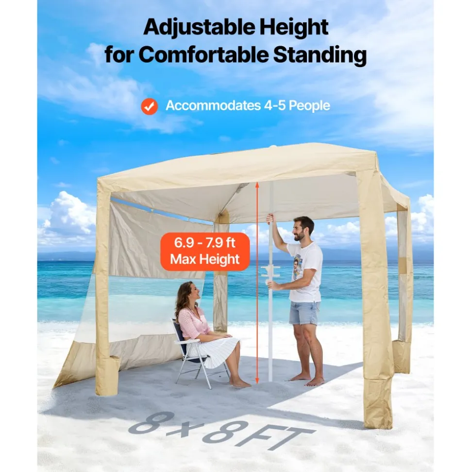 VEVOR Beach Cabana, 8 x 8 ft Beach Canopy with Side Wall, UPF 50+ Protection Easy Setup Cabana Tent with Sand Pockets, Adjustable Height Portable Shade Sun Shelter Umbrella for Family & Friends, Khaki