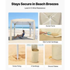 VEVOR Beach Cabana, 8 x 8 ft Beach Canopy with Side Wall, UPF 50+ Protection Easy Setup Cabana Tent with Sand Pockets, Adjustable Height Portable Shade Sun Shelter Umbrella for Family & Friends, Khaki