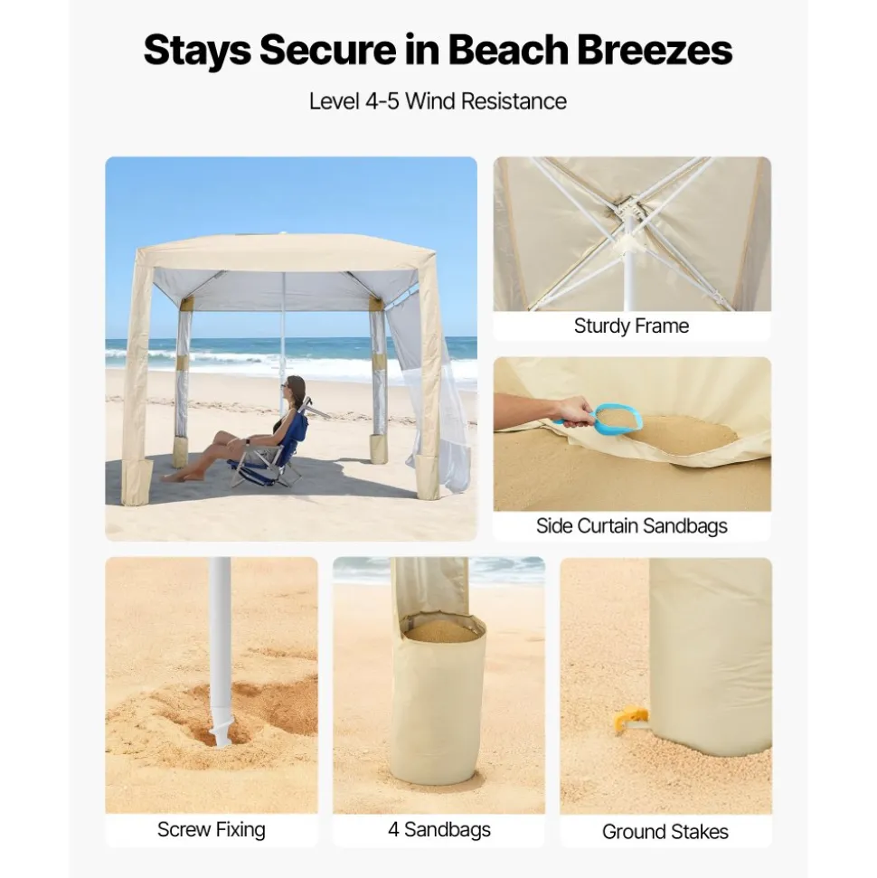 VEVOR Beach Cabana, 8 x 8 ft Beach Canopy with Side Wall, UPF 50+ Protection Easy Setup Cabana Tent with Sand Pockets, Adjustable Height Portable Shade Sun Shelter Umbrella for Family & Friends, Khaki