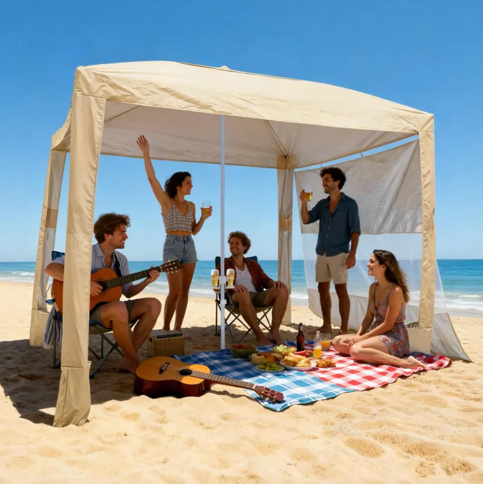 VEVOR Beach Cabana, 8 x 8 ft Beach Canopy with Side Wall, UPF 50+ Protection Easy Setup Cabana Tent with Sand Pockets, Adjustable Height Portable Shade Sun Shelter Umbrella for Family & Friends, Khaki
