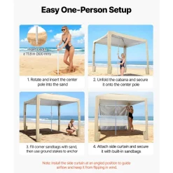 VEVOR Beach Cabana, 8 x 8 ft Beach Canopy with Side Wall, UPF 50+ Protection Easy Setup Cabana Tent with Sand Pockets, Adjustable Height Portable Shade Sun Shelter Umbrella for Family & Friends, Khaki