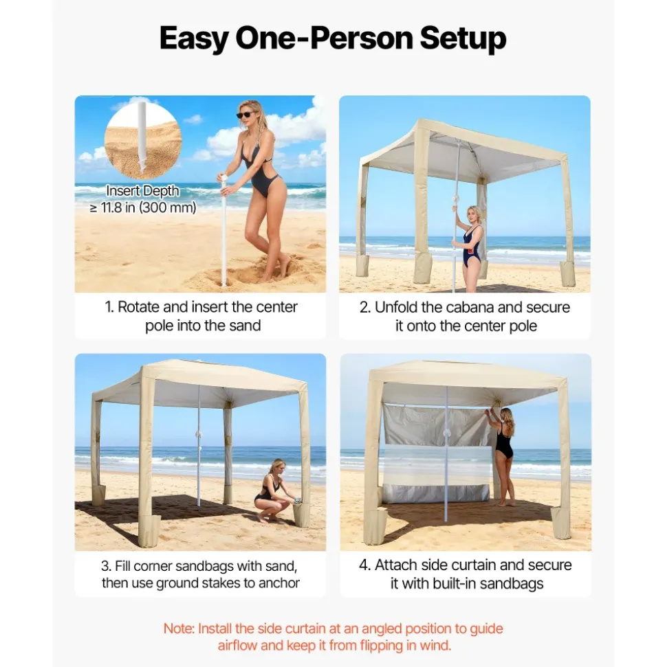 VEVOR Beach Cabana, 8 x 8 ft Beach Canopy with Side Wall, UPF 50+ Protection Easy Setup Cabana Tent with Sand Pockets, Adjustable Height Portable Shade Sun Shelter Umbrella for Family & Friends, Khaki