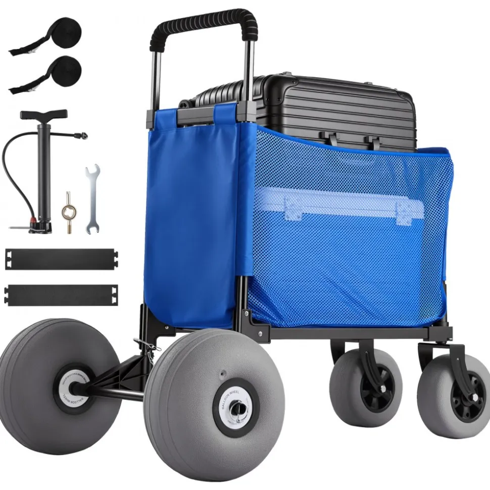 VEVOR Beach Cart with Large Wheels for Sand, 165 lbs Load Capacity, Heavy Duty Folding Beach Wagon with 12" Balloon Wheels, Storage Bag, 33" to 45" Adjustable Height, Dolly for Camping Fishing Garden