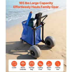 VEVOR Beach Cart with Large Wheels for Sand, 165 lbs Load Capacity, Heavy Duty Folding Beach Wagon with 12" Balloon Wheels, Storage Bag, 180° Adjustable Handlebar, Dolly for Camping Fishing Garden