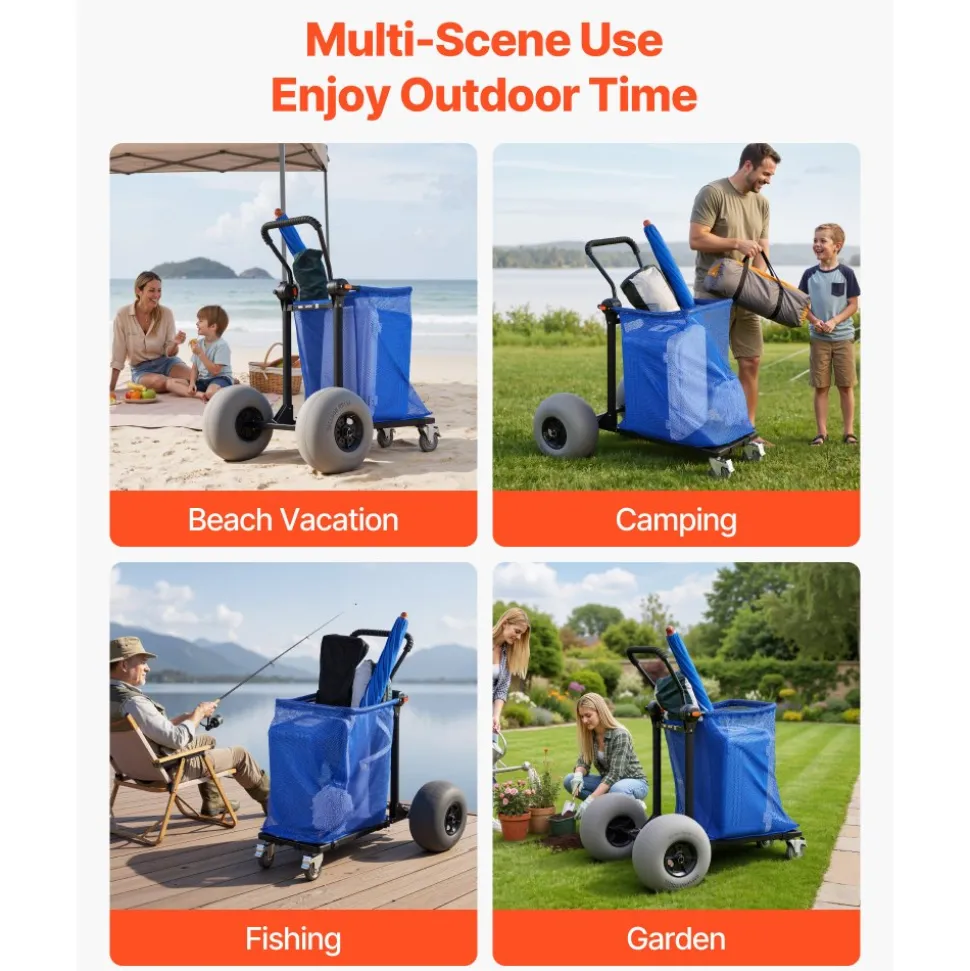VEVOR Beach Cart with Large Wheels for Sand, 165 lbs Load Capacity, Heavy Duty Folding Beach Wagon with 12" Balloon Wheels, Storage Bag, 180° Adjustable Handlebar, Dolly for Camping Fishing Garden