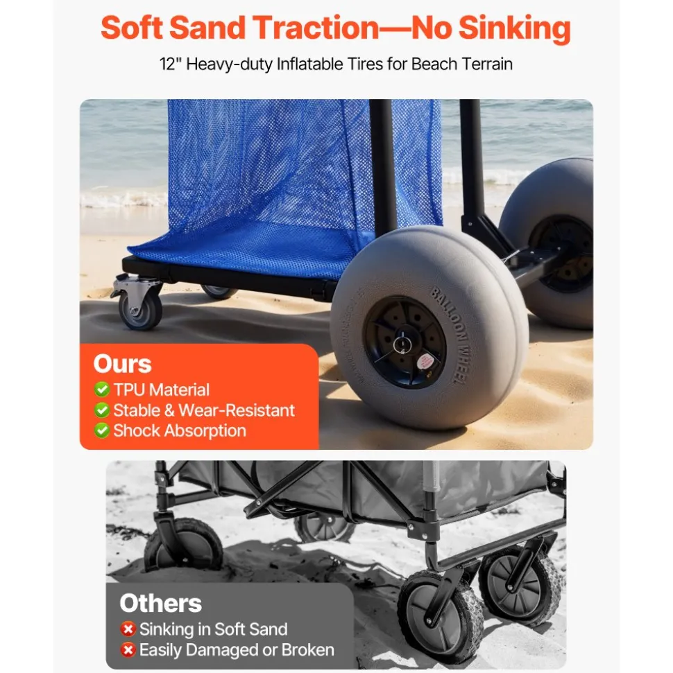 VEVOR Beach Cart with Large Wheels for Sand, 165 lbs Load Capacity, Heavy Duty Folding Beach Wagon with 12" Balloon Wheels, Storage Bag, 180° Adjustable Handlebar, Dolly for Camping Fishing Garden