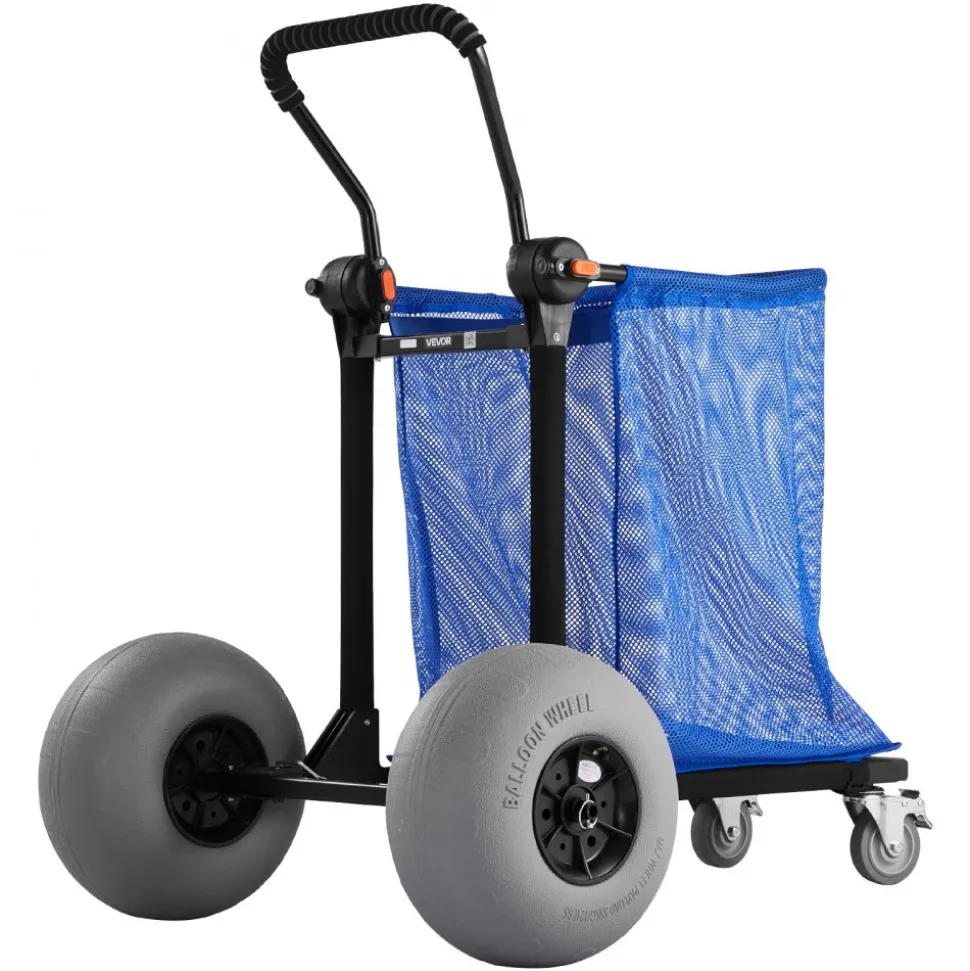 VEVOR Beach Cart with Large Wheels for Sand, 165 lbs Load Capacity, Heavy Duty Folding Beach Wagon with 12" Balloon Wheels, Storage Bag, 180° Adjustable Handlebar, Dolly for Camping Fishing Garden