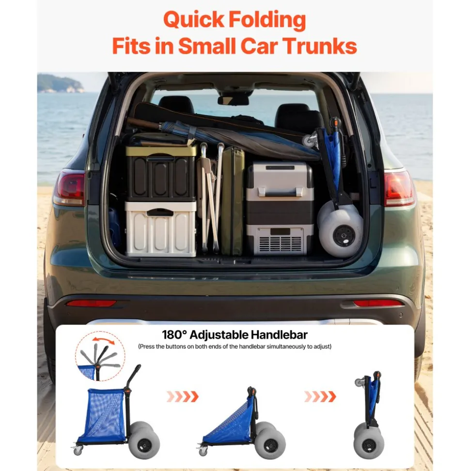 VEVOR Beach Cart with Large Wheels for Sand, 165 lbs Load Capacity, Heavy Duty Folding Beach Wagon with 12" Balloon Wheels, Storage Bag, 180° Adjustable Handlebar, Dolly for Camping Fishing Garden
