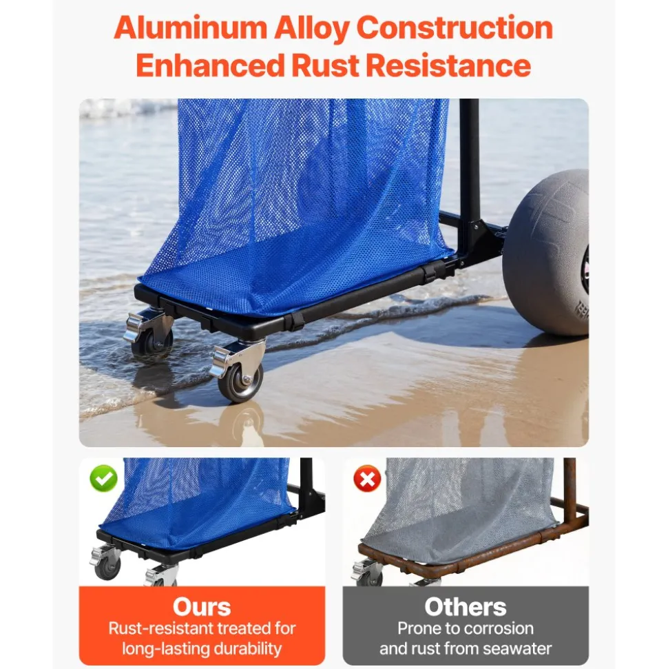 VEVOR Beach Cart with Large Wheels for Sand, 165 lbs Load Capacity, Heavy Duty Folding Beach Wagon with 12" Balloon Wheels, Storage Bag, 180° Adjustable Handlebar, Dolly for Camping Fishing Garden