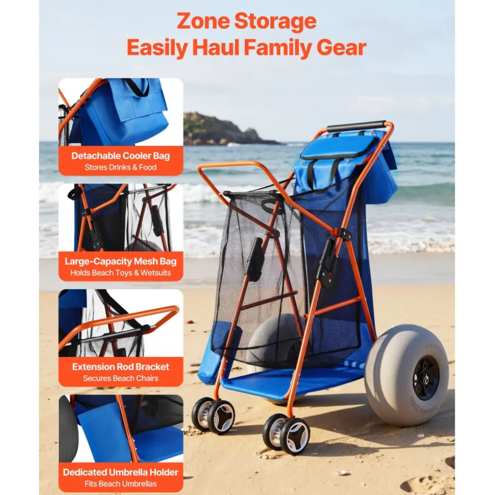 VEVOR Beach Cart with Large Wheels for Sand, 165 lbs Load Capacity, Heavy Duty Folding Beach Wagon with 12" Balloon Wheels, Insulated Cooler Bag, Umbrella Holder, Holds 4 Chairs for Camping & Fishing