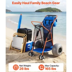 VEVOR Beach Cart with Large Wheels for Sand, 165 lbs Load Capacity, Heavy Duty Folding Beach Wagon with 12